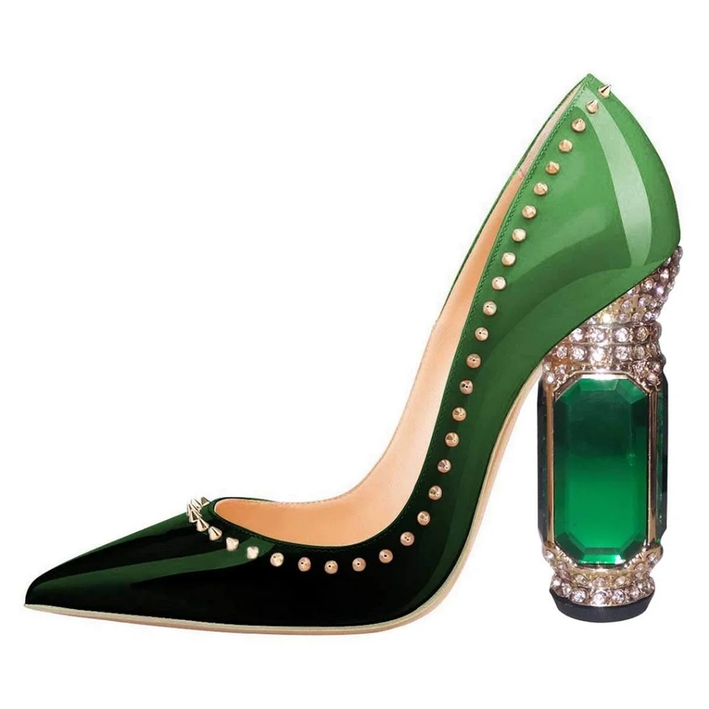 Pointed Toe Chunky Block Heel Crystal Pumps Slip on 